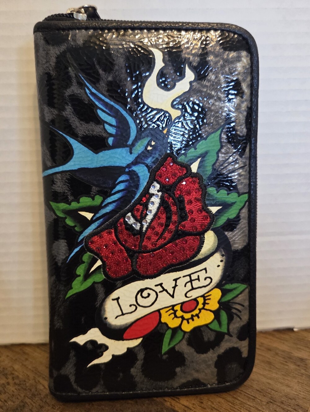 Ed Hardy Graphic Flash Love Zip Wallet with Embroidered Rose and Bird